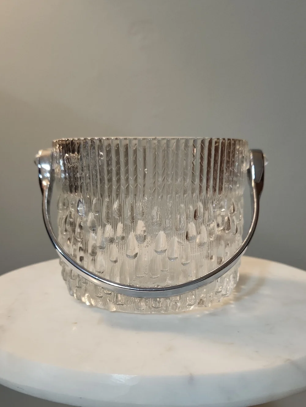 Vintage MCM Clear Textured Glass Ice Bucket Silver Tongs Teleflora